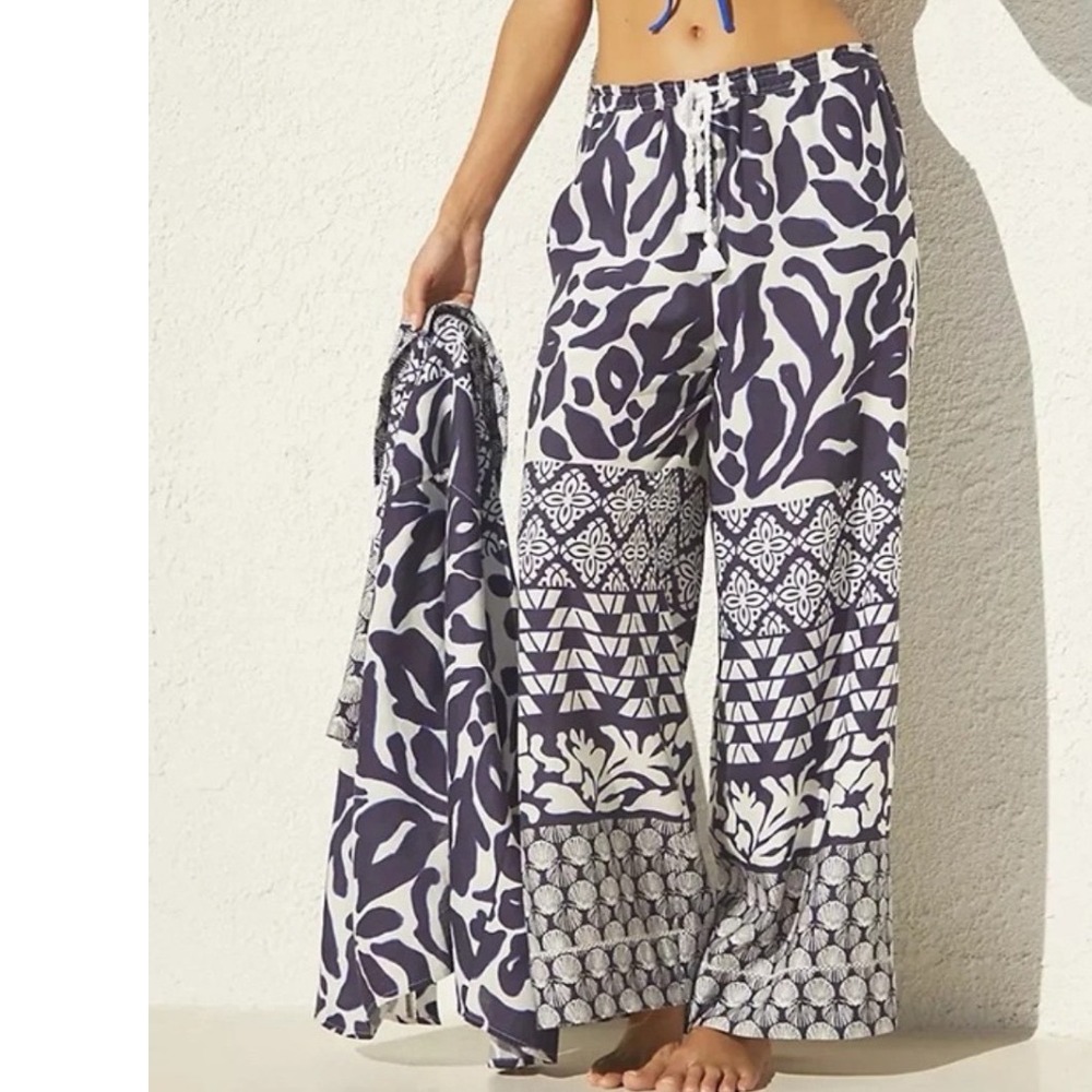 Anthropologie Pants Womens L Blue White Linen Blend Mixed Print Wide Leg Tassel